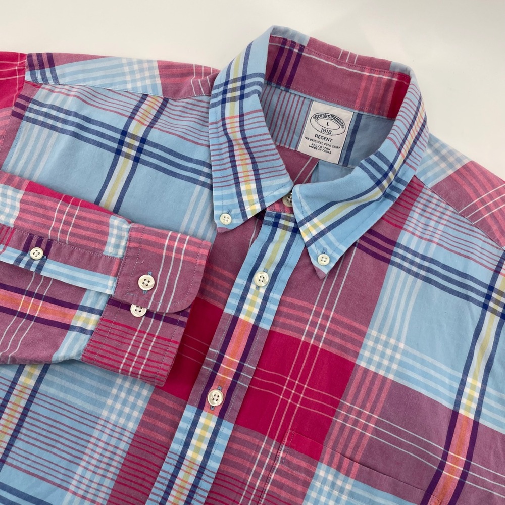 Brooks Brothers Shirt Mens L Pink Blue Plaid Regent Fit Cotton Button Down